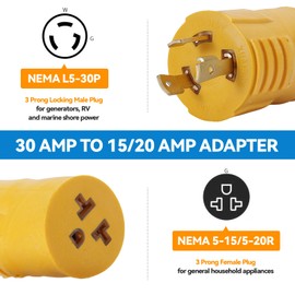NEMA L5-30P to 5-15/5-20R Generator Adapter for Shore Power RV/Marine, 30 Amp 3-Prong Locking Generator Cord to 110V 15 Amp/120V 20 Amp Household Regular Outlet Adapter (Yellow)