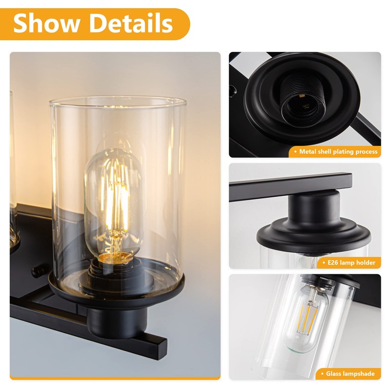 RyaHQ Black Bathroom Vanity Light Fixtures Over Mirror 3-Light Wall
