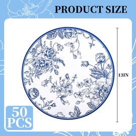 Elyxio 50Pcs Blue Floral Paper Placemats Chinoiserie Round Disposable Place Mats Blue Flower Banquet 13 Inch Paper Cutouts for Hanukkah Table Setting Wedding Birthday Party Supplies