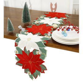 GRANDDECO Christmas Holiday Table Runner for Farmhouse Parties Embroidered Red Christmas Flower Dresser Scarves Xmas Home Kitchen Dinner Table Decoration (B-Christmas, 13X54)