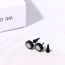 Aroncent Mens Stud Spiked Earrings: Stainless Steel Round Roman Numerals White Gold 9mm Hypoallergenic Black Cubic Zirconia Stud Earrings for Men Women