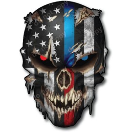 Decals by Haley Ripped Skull US Flag with Thin Blue and Red Line Honoring Police and Firefighters Fire Fighter Department Fireman Firewoman Law Enforcement Vinyl Stickers Trucks Motorcycle Decal Bike Window American Sniper Reflective Black Logo USA