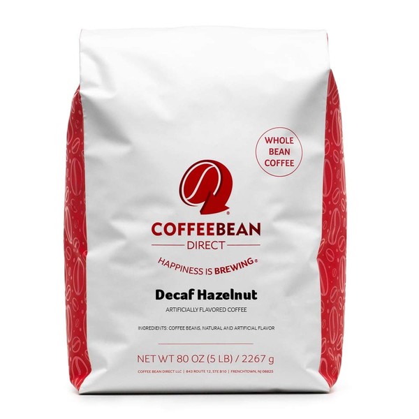 Coffee Bean Direct Decaf Hazelnut Flavored, Whole Bean Coffee, 5-Pound Bag