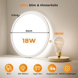 Matane LED Ceiling Light 18 W Flat Ceiling Light 3 Colours 3000/4000/5000 K, 3 Levels Dimmable, 1800 LM Modern Lamp for Hallway, Bedroom, Kitchen, Bathroom, Balcony, Basement, Round, Ultra Thin 22 cm