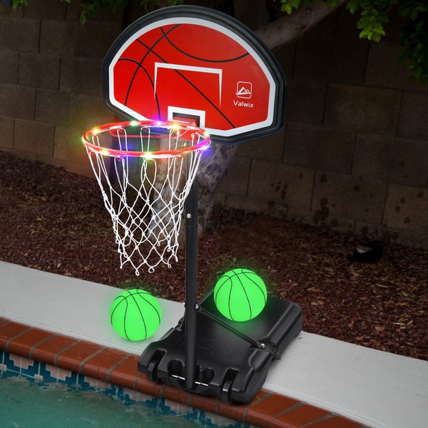 Valwix Poolside Basketball Hoop with Light 45''-59'' Adjustable Height Swimming Pool Basketball Hoop Goal System with 2 Balls and Pump