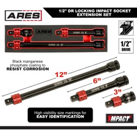 ARES 27098 – 3-Piece 1/2-Inch Drive Locking Impact Socket Extension Set – Aluminum Locking Ring Collar for Quick Release of Sockets and Accessories – 3-Inch, 6-Inch, and 12-Inch Extensions