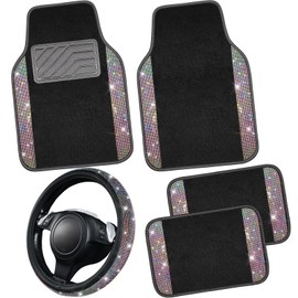 CAR PASS Bling Diamond Leather Steering Wheel Cover 14.5in-15in Floor Mats Shining Rhinestone Carpet Sparkly Glitter Crystal Anti-Slip Pad Fit Automotive SUV Pickup Truck Girl Women, 5pcs Multicolor