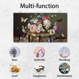 DELORIGIN Retro Books and Flowers Key Holder Key Hooks Wall Mounted Wooden Key Racks with 5 Hooks Key Storage Organizer House Key Hanger for Wall Decor Door Entryway Hallway Kitchen New Home Gift