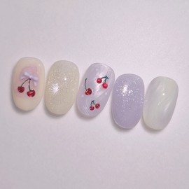 Handmade Nail Tips Cherry Berry - Round Short / 수제네일팁체리베리 - 라운드숏