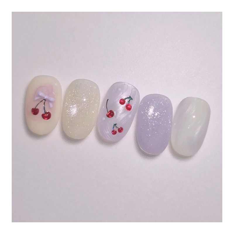 Handmade Nail Tips Cherry Berry - Round Short / 수제네일팁체리베리
