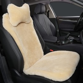 OGLAND Fluffy Fuzzy Sheepskin Car Seat Covers for Universal Soft Cozy Fur Auto Wool Seat Cushion Accessories Automobiles(3 Pack Front, Pearl)