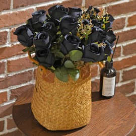 FlueHouzz Artificial Roses Flowers Fake Silk Rose Bouquet 12 Heads 2 Packs of Realistic Blossom Roses for Home Wedding Party Floral Decoration Table Centerpieces, Black