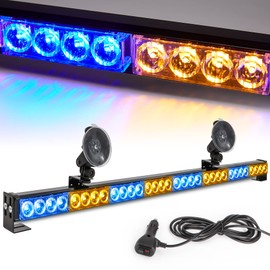 Amber/Blue Emergency Strobe Light Bar 36 In 13 Flash Patterns Traffic Advisor Warning Hazard Windshield Safety Lights Bar with Cigar Lighter for Police Vehicles, Truck (35.5 Inch, Yellow/Blue 32 Led)
