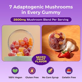 Ashwagandha Gummies and Lions Mane Mushroom Gummies Supplement - Organic - Reishi, Cordyceps, Turkey Tail, Maitake, Shitake, Chaga - Immune Defense, Boosts Cognitive Performance, Vegan, Low Carb
