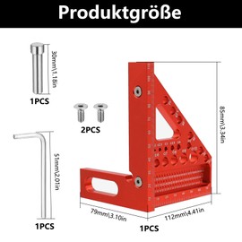 VZU 3D Gehrungswinkel, Multifunktional 22.5-90 Winkelmaß Kombinationswinkel aus Aluminiumlegierung, Holzbearbeitungs-Messwerkzeuge, Anreißwerkzeug Winkelmesser für Schreiner und Ingenieure (Rot)