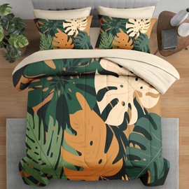 Pamnest Comforter Set Queen Size, Bohemian Monstera Leaves 7 Pcs Bedding Set for Kids and Adults, Boho Plant Summer Bed Sheet Sets with Fitted Sheet 2 Pillowcase & 2 Sham for Bedroom Bed Decor