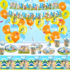 Party Tableware Birthday Decoration, Pack of 70 Blue Birthday Decoration Party Tableware Children's Birthday Set, Banner Plates Cups Napkins Balloons Tablecloth Birthday for 10 People