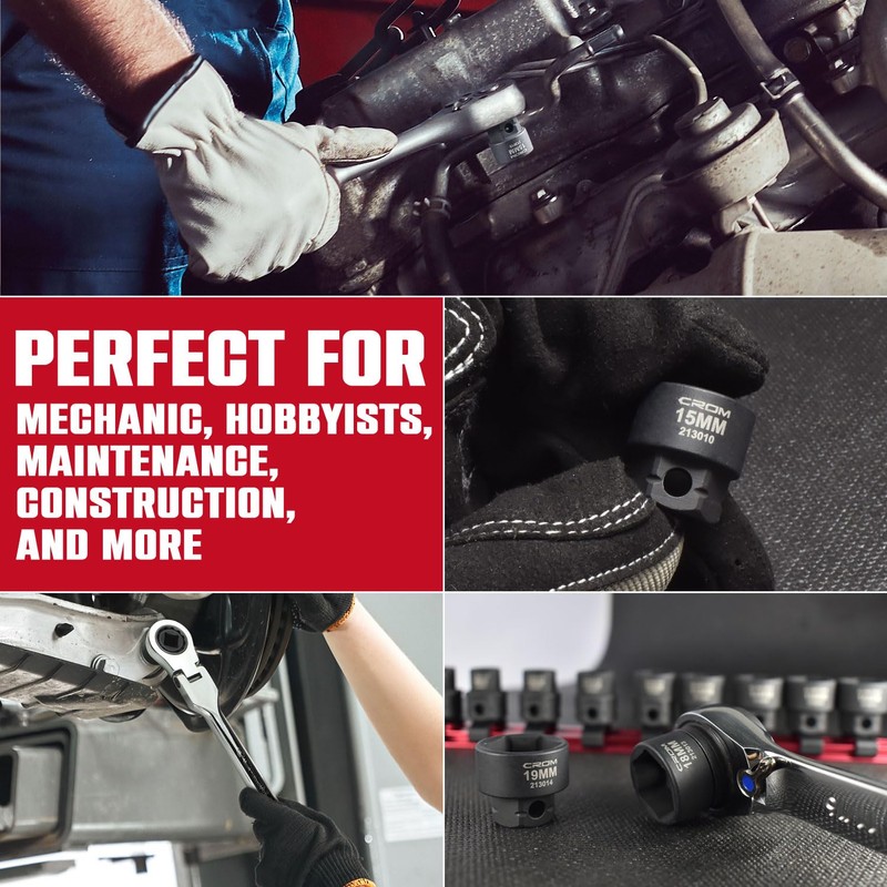 CROM Stubby Impact Socket Set - 14-Piece 3/8" Drive Metric