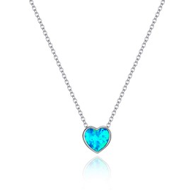 EVER FAITH 925 Sterling Silver Choker Necklace Tiny Bezel Setting Blue Opal Heart Pendant Necklace Jewelry for Women