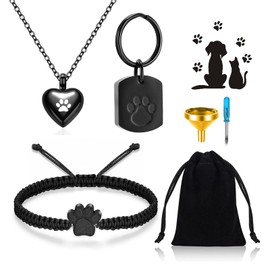 RIPFEVURN 3 Pcs Pet Cremation Jewelry Urn Necklaces Bracelet Keychain for Ashes for Women Men Cat Dog Paw Print Ashes Keepsake Memorial Jewelry(Black)