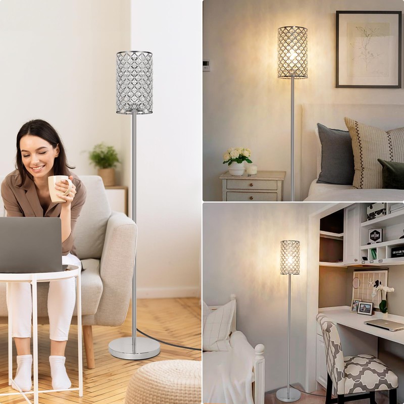 Crystal Floor Lamp, Modern Standing Lamp with Elegant Shade, LED