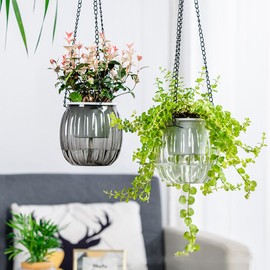 Meicynhoger Set of 4 Vintage Hanging Flower Pots, 10.5 cm Balcony Planters – Transparent Self-Watering Pot with Hooks for Indoor Outdoor, Table, Wall, Terrace and Jardi Grey