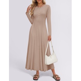 ZESICA Women's Elegant Maxi Dresses 2025 Fall Long Sleeve Button Casual A Line Boho Flowy Dress with Pockets,Khaki,Small
