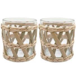 Rattan Woven Tea Light Candle Holder Set of 2 - Natural Seagrass Hand Woven Votive Tealight Candle Holder, Decorative Coastal Boho Beach House Votive Tealight Candle Holder for Dining Table Kitchen