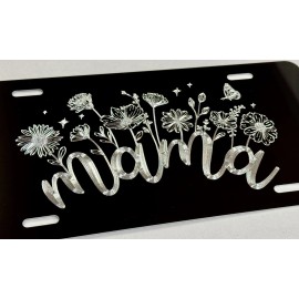 Diamond Etched Products Engraved Mama Flowers Car Tag Diamond Etched Aluminum Metal License Plate Gift