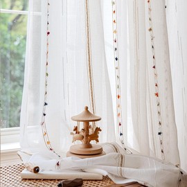 SUOUO Colorful Embroidered Striped Boho White Sheer Curtains for Living Room 96 inches Long 2 Panels Rod Pocket Light Filtering Window Drapes for Bedroom Dining