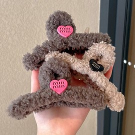 Autumn and Winter Love Plush Large Hair Claw Clip for Women - Elegant Back Head Hair Clip One Size/2 Grey Teddy Curly Hair Love Label 13cm 20ea