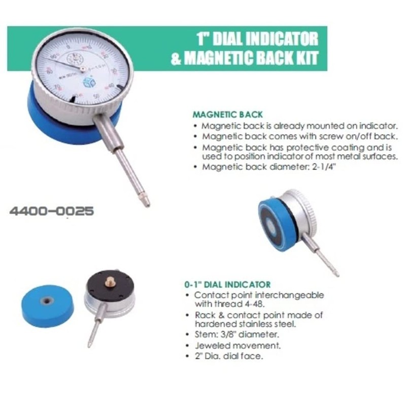 HHIP 4400-0025 1" Dial Indicator and Magnetic Back Set