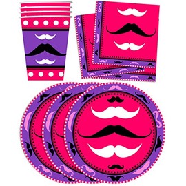 Juego de suministros para fiesta de cumpleaños con bigote rosa, juego de platos, servilletas, tazas y vajilla para 16