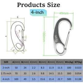 MAMDAFAON 4 Inch Carabiner Clips Spring Snap Hooks,316 Stainless Steel Heavy Duty 1000lbs Load Capacity,Quick-Release Boat Hooks for Outdoor Sport,Camping,Marine Use (2pcs)