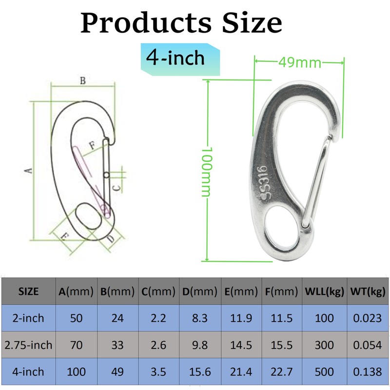 MAMDAFAON 4 Inch Carabiner Clips Spring Snap Hooks,316 Stainless Steel