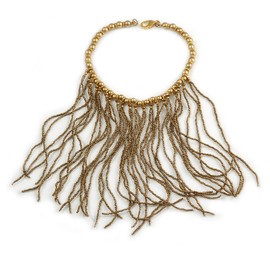 Avalaya Statement Bronze/Gold Glass Bead Fringe Necklace/41cm L/ 20cm Front Drop