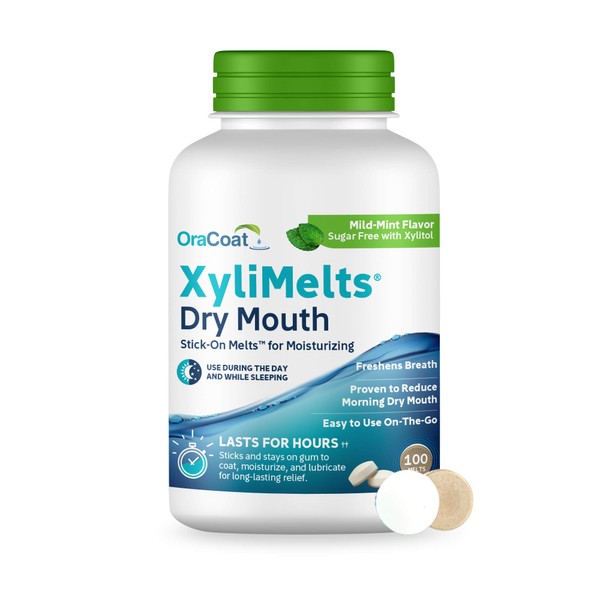 Oracoat XyliMelts Dry Mouth Relief Moisturizing Oral Adhering Discs Mild Mint with Xylitol, for Dry Mouth, Stimulates Saliva, Non-Acidic, Day and Night Use, Time Release for up to 8 Hours, 100 Count