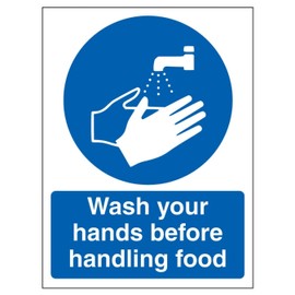 V Safety Wash Your Hands Before Handling Food - Portrait 150 x 200mm - 2mm Rigid Plastic Safety Sign