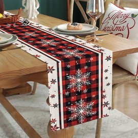Christmas Linen Table Runner Snowflakes Xmas Decorations, Dining Table Runner for Christmas Decorations, Buffalo Plaid Coffee Table Runner Vintage Farmhouse Style, Home Christmas Decor Chemin de Table