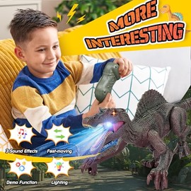 Juguetes de dinosaurio, control remoto realista para niños de 3 a 5, 2.4 GHZ, caminar, recargable, ojos 3D, 3 efectos de sonido, función de demostraci