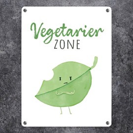 Leaf Metal Sign in 15 x 20 cm with Saying Vegetarian Zone Green Vegan Birthday Gift Vegetable Decoration for Kitchen Wine Cellar Funny Veggie Sign