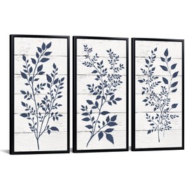 WELMECO Blue Leaf Decor Botanical Wall Art Blue Leaves Picture Minimalist Bedroom Bathroom Living Room Decoration, Framed 8x16inchx3Pieces (Black Frame)