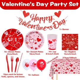 Valentine's Day Party Supplies Hot Heart Love Disposable Plates Napkins Cups plastic Tablecloth with Banner for Valentine's Day, Engagements, Anniversary, Serve 16