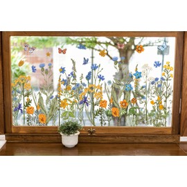 Whaline 6 Sheet Wildflower Window Clings Vintage Blue Orange Watercolor Flower Reusable Window Decals for Home School Office Spring Party Supplies