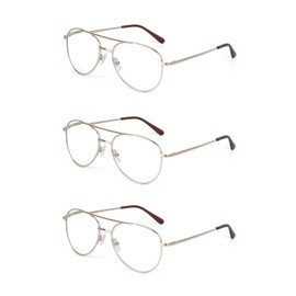 EYE ZOOM 3 Pack Aviator Style Metal Frame Blue Light Blocking Reading Glasses (Gold, +1.50 Strength)