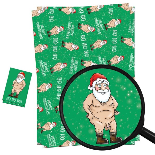 LimaLima Christmas Wrapping Paper Sheets + Gift Tags (Pack 2) Funny Rude Novelty Naked Santa Design For Men & Women