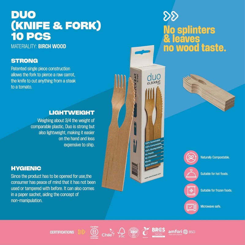 Clickeat Duo Wooden Cutlery Set - 10 Units - 100%
