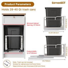 40QT Pull Out Trash Can Under Cabinet with Soft-Close Slides, 13" W X 18" D Heavy Duty Under Sink Trash Can Kit for Kitchen, Garbage Can Not Included, Requires Minimum Cabinets Opening, Up to 100 lb
