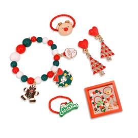 5 Pcs Christmas Jewelry Set with Beads Bracelet Earring Hair Ties for Girls, Xmas Decorated Accessories with Christmas Elements for Girls Women, Come with Gift Box