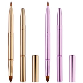 2 Pcs Lip Brush for Lipstick, Double Ended Retractable Lipstick Brush with Cap Reusable Versatile Lip Applicator Wands for Lips Gloss, Eyeshadow Include Lid (Gold and Pink)